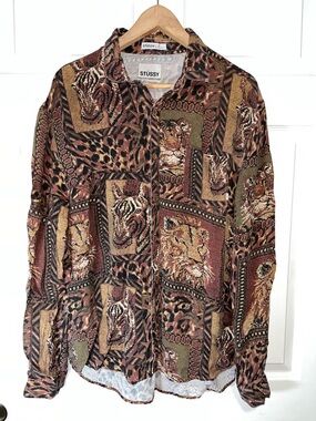 VTG Stussy Men's Brown Multi Animal-Print Button-Down Shirt